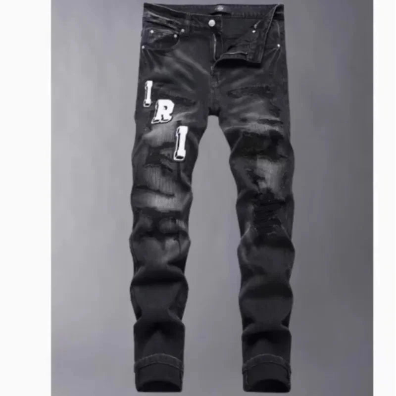 Retro Punk Style Slim Fit Elastic Printed Jeans
