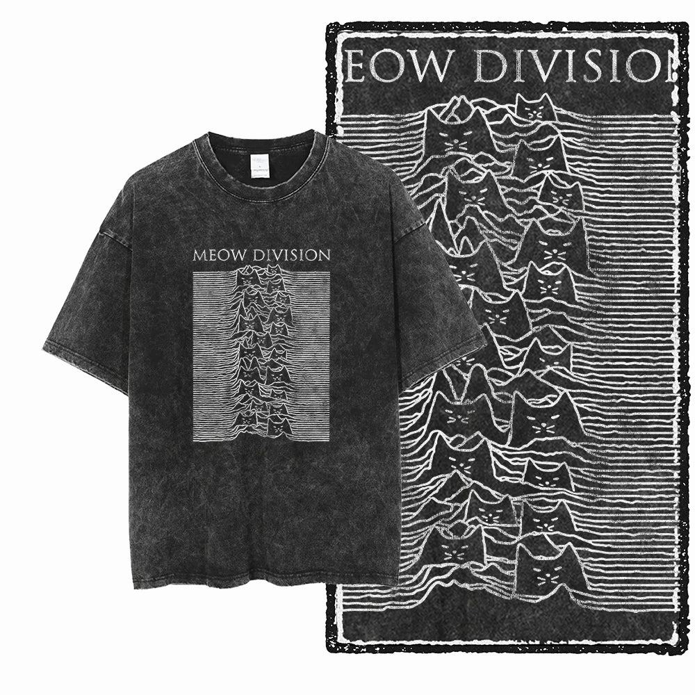 Cat Print Acid Washed Cotton Graphic T-Shirt