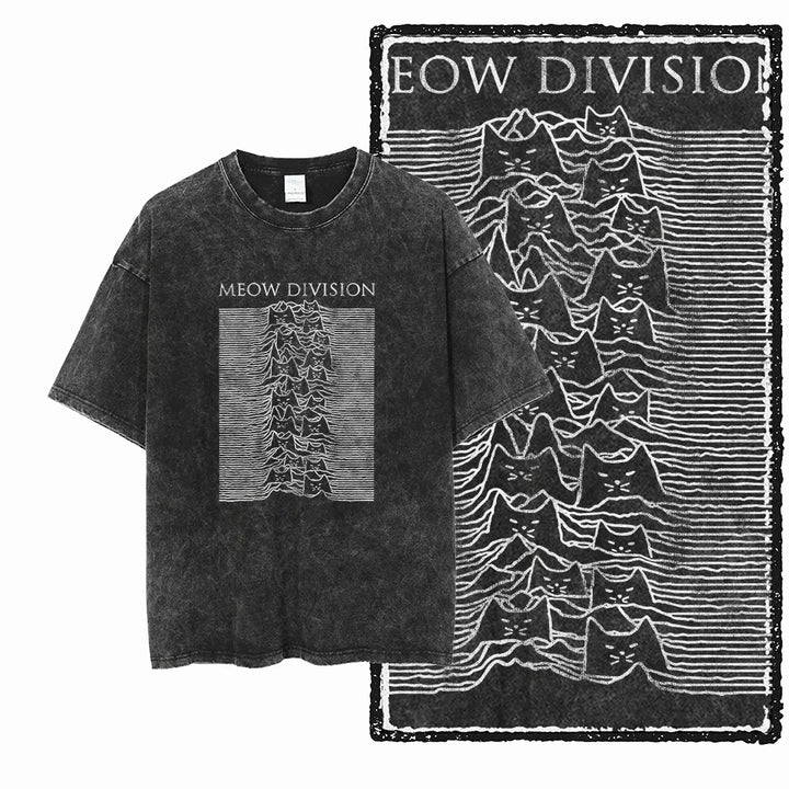 Cat Print Acid Washed Cotton Graphic T-Shirt
