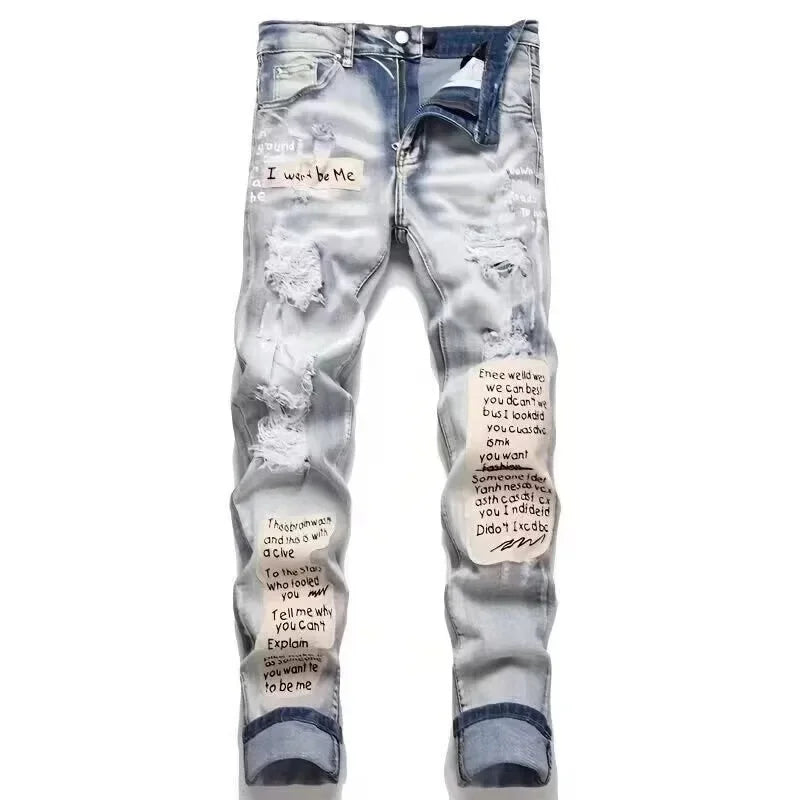 Retro Punk Style Slim Fit Elastic Printed Jeans