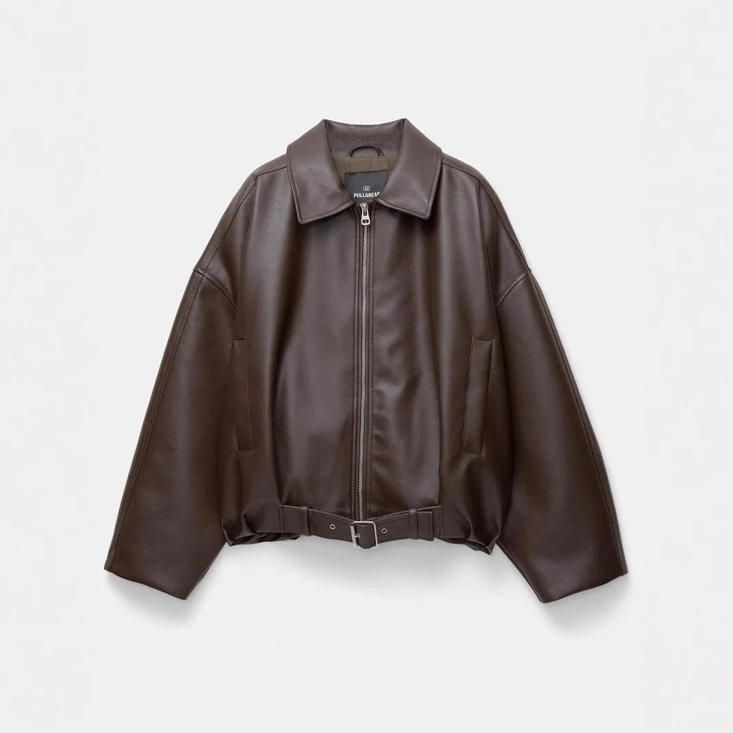 Autumn Folded Collar Zipper Closure PU Leather Jacket