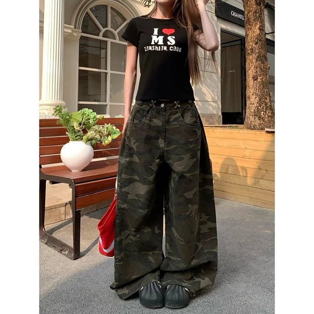 High-Waisted Harajuku Style Camouflaged Denim Pants
