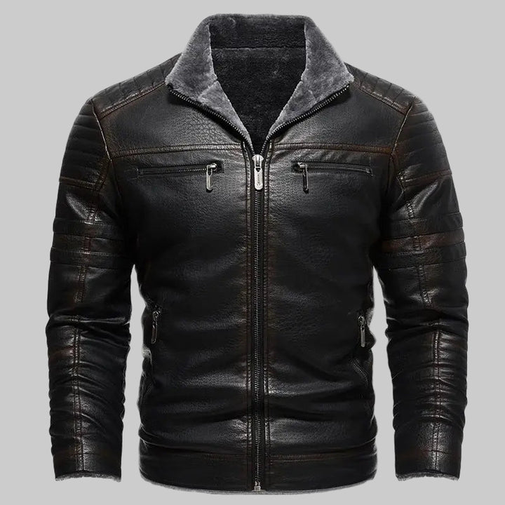Faux Leather Zippered Fleece Lined Retro Motorcycle Jacket