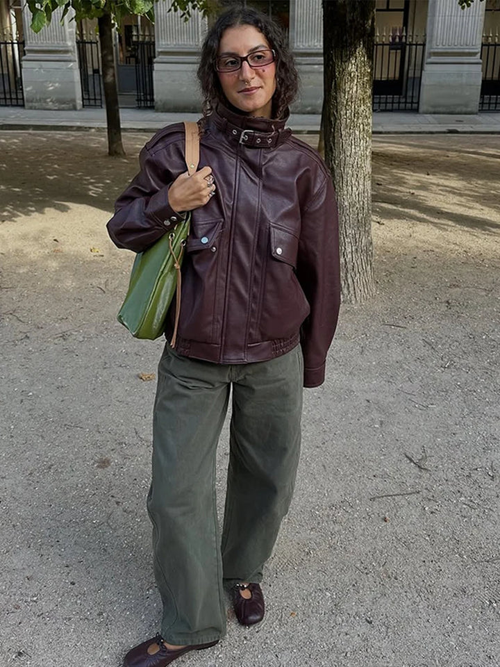 Stand Elastic Hem Leather Coat