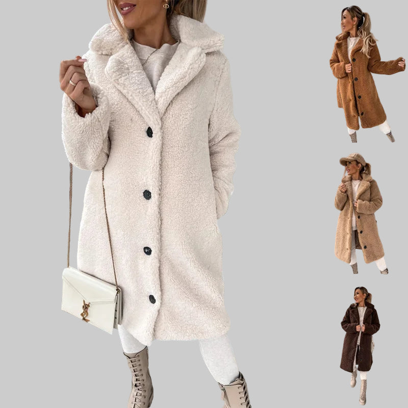 Plush Furry Button-Up Long Coat with Lapel
