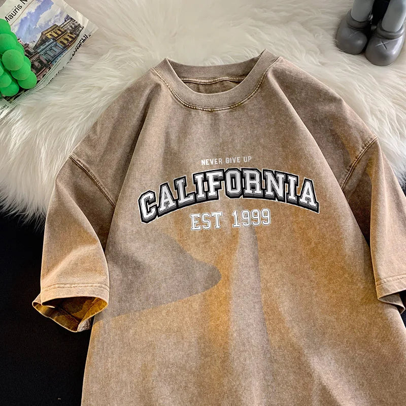 California Style 'Never Give Up' Retro Washed Cotton T-Shirt