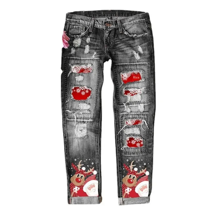 Mid-Waist Jeans with Christmas-Themed Ripped Design