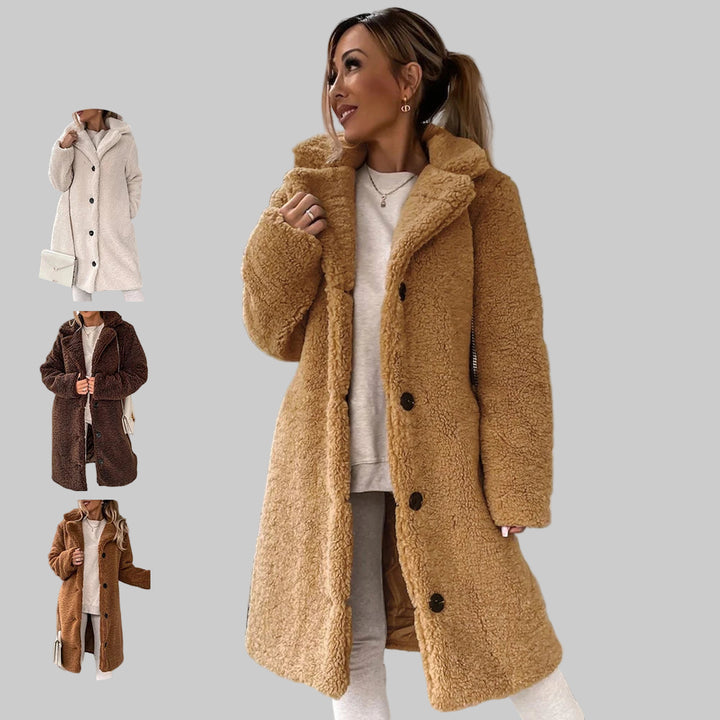Plush Furry Button-Up Long Coat with Lapel