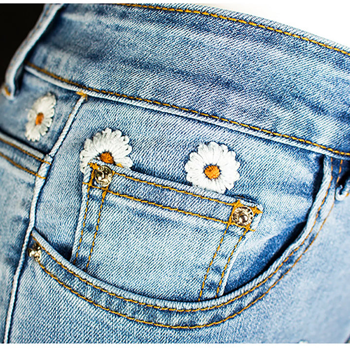 Chic Women's Daisy Embroidered Flared Denim Pants