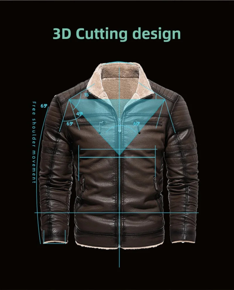 Faux Leather Zippered Fleece Lined Retro Motorcycle Jacket