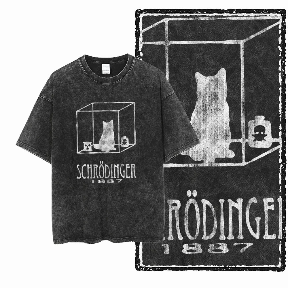 Cat Print Acid Washed Cotton Graphic T-Shirt