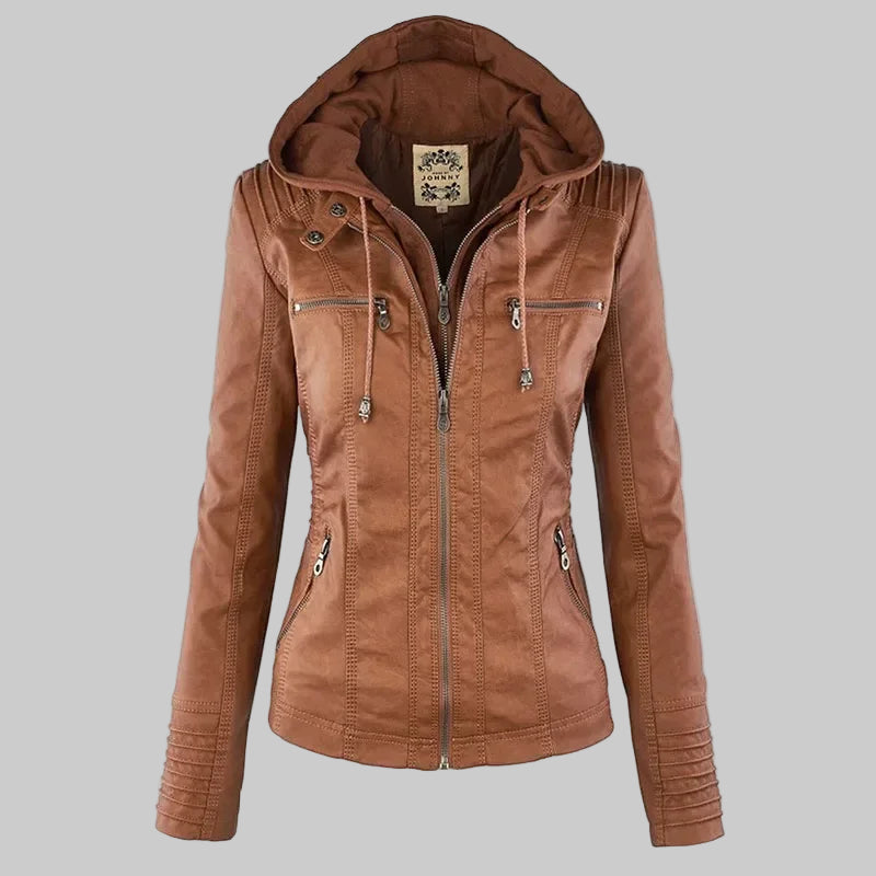 Zipper and Hoodie Faux Leather Motorcycle Jacket