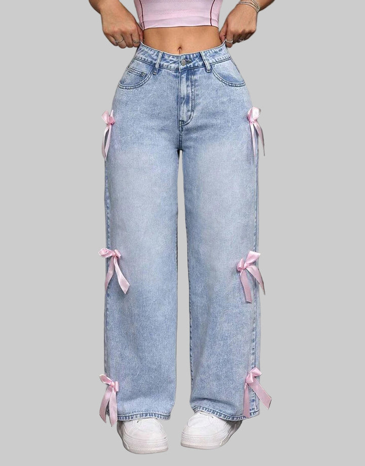 Vintage Distressed High-Waisted Jeans with Bow Detail