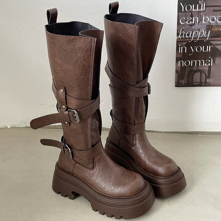Retro Knee-High Belt Buckle Zipper Boots