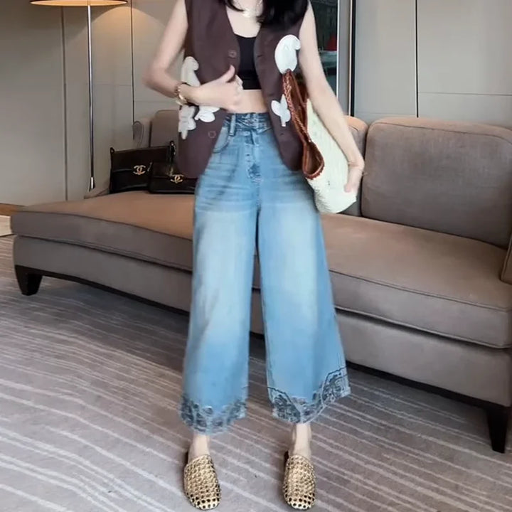 Must-Have Retro Style! Light Blue Wide-Leg Denim Jeans with Stunning Embroidery