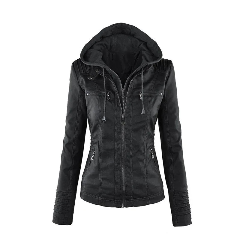 Zipper and Hoodie Faux Leather Motorcycle Jacket