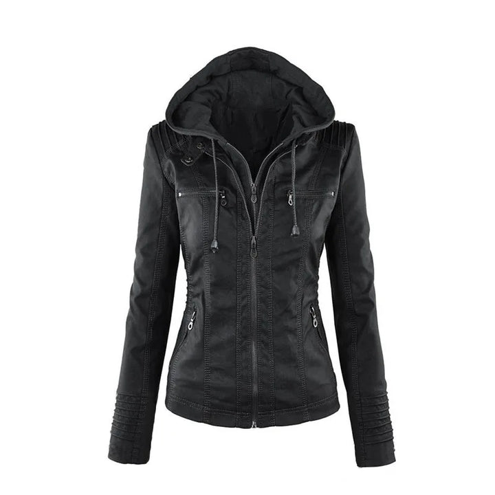 Zipper and Hoodie Faux Leather Motorcycle Jacket