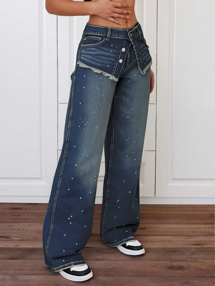 Chic Wide-Leg Jeans with Rhinestone Accents