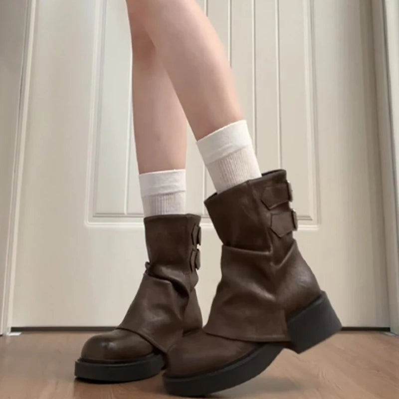 Elegant Belt Buckle Low Heels Leather Ankle Boots