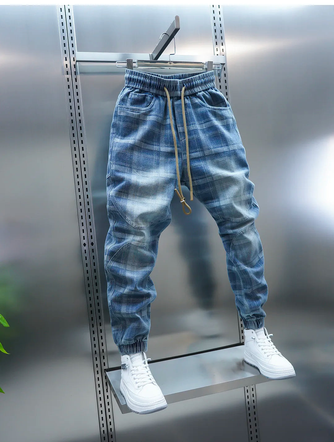Plaid Patchwork Jogger Denim Pants