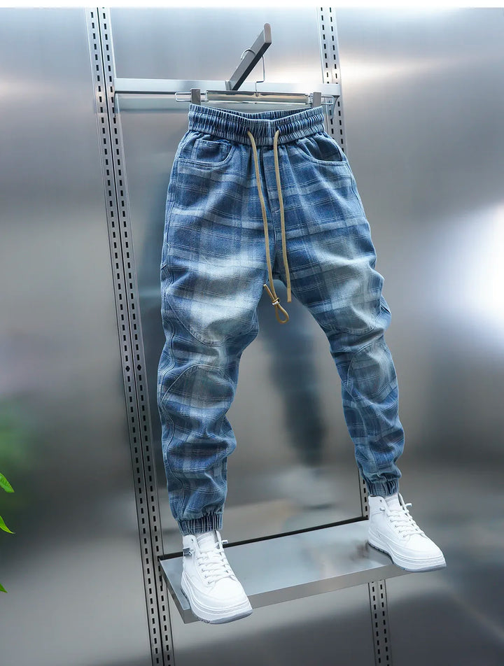 Plaid Patchwork Jogger Denim Pants