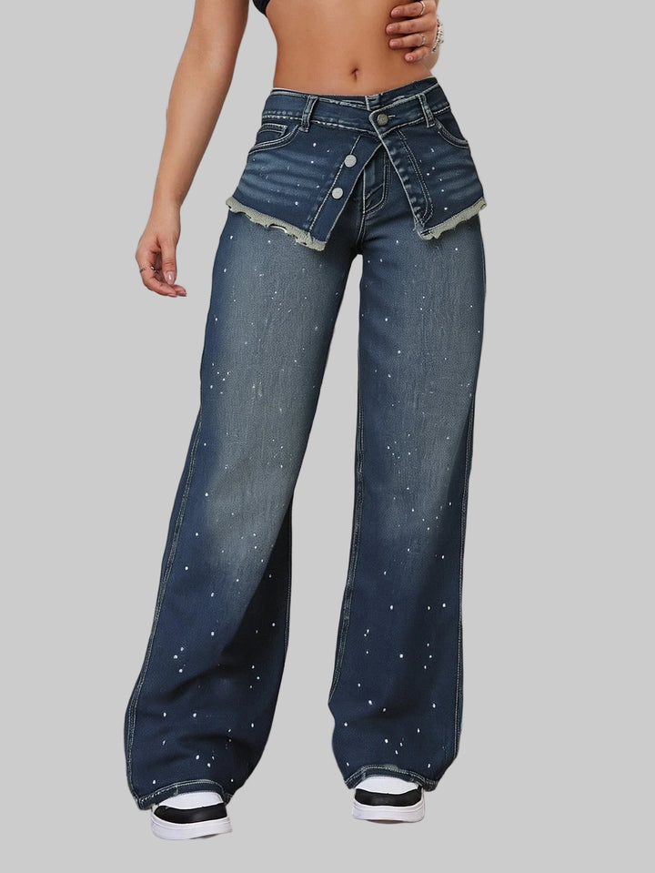 Chic Wide-Leg Jeans with Rhinestone Accents