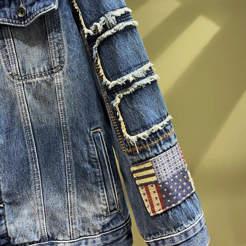 Retro Blue Patched Denim Jacket for Men