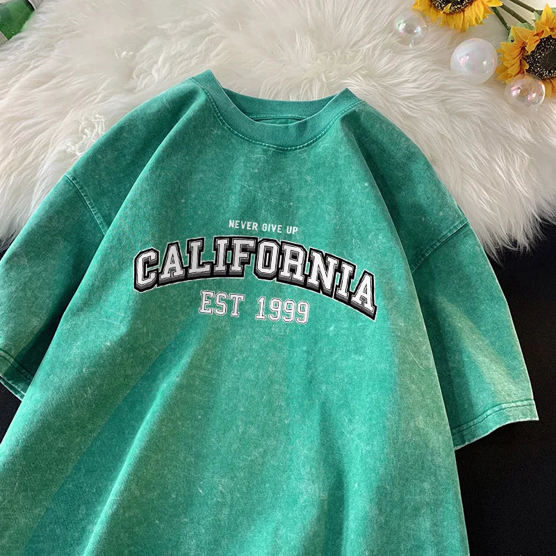 California Style 'Never Give Up' Retro Washed Cotton T-Shirt