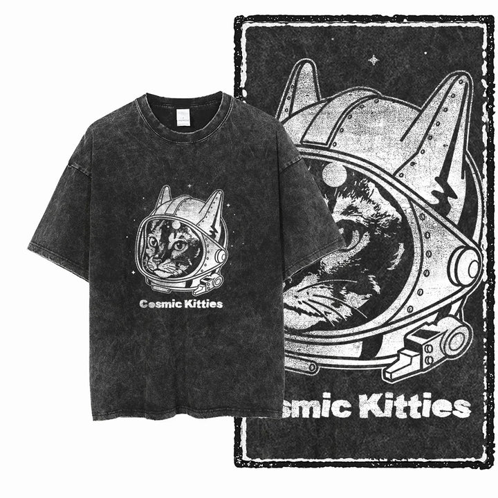 Cat Print Acid Washed Cotton Graphic T-Shirt