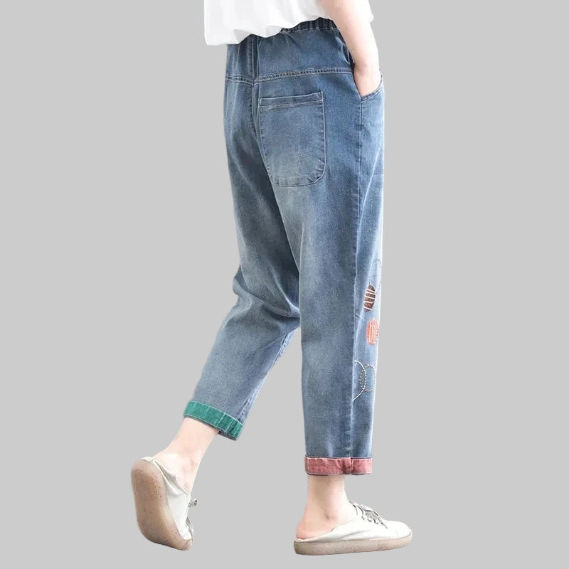 High-Waisted Embroidered Patch Loose Jeans