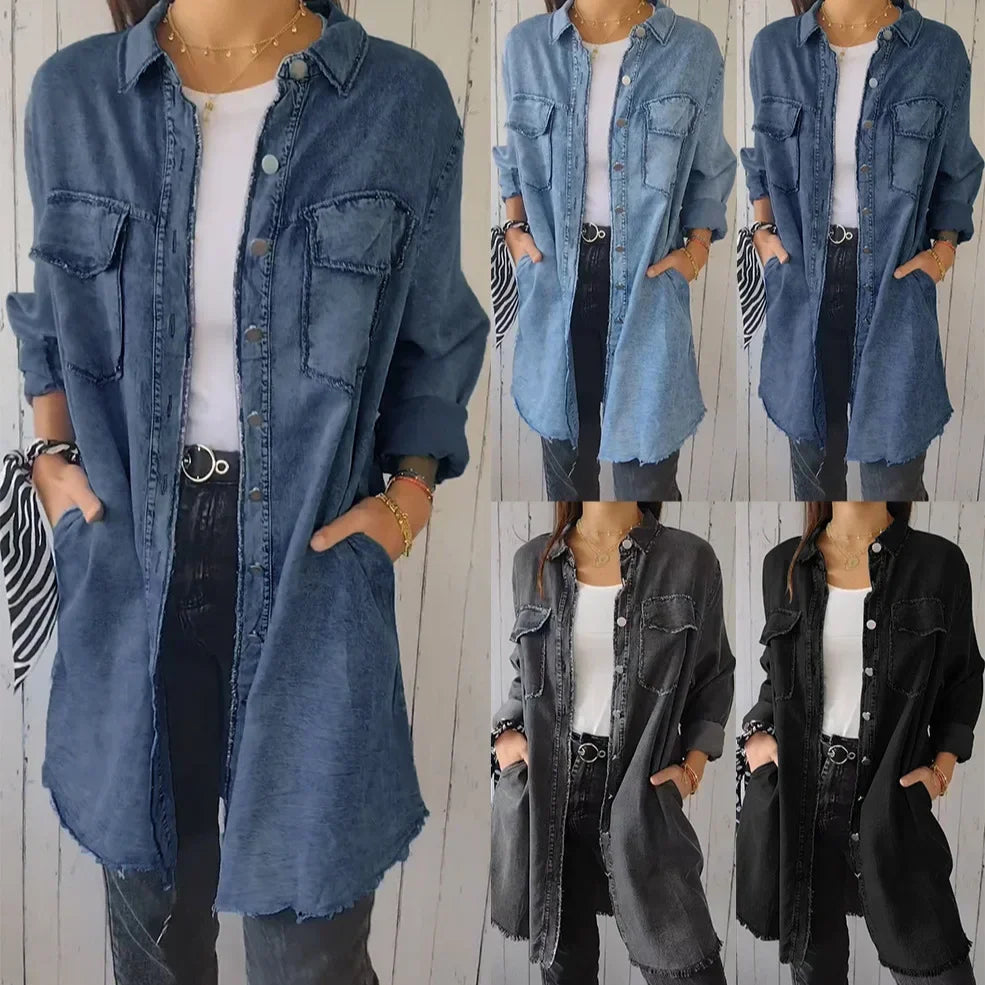 Casual Long Denim Jacket with Ripped Pockets
