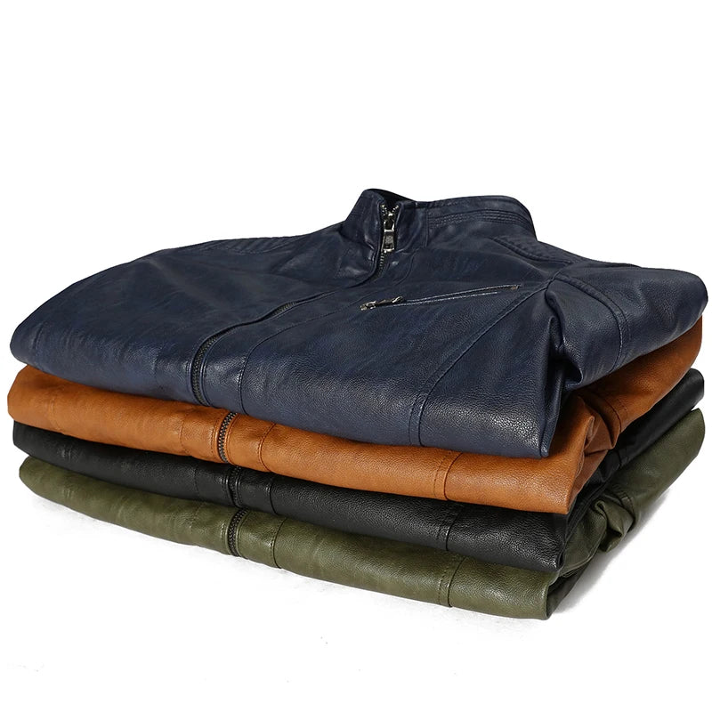 Slim Fit PU Leather Stand Collar Motorcycle Jacket