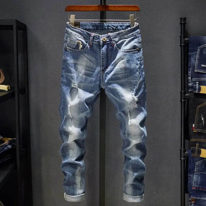 American Style Slim-Fit Ripped Cotton Straight Jeans