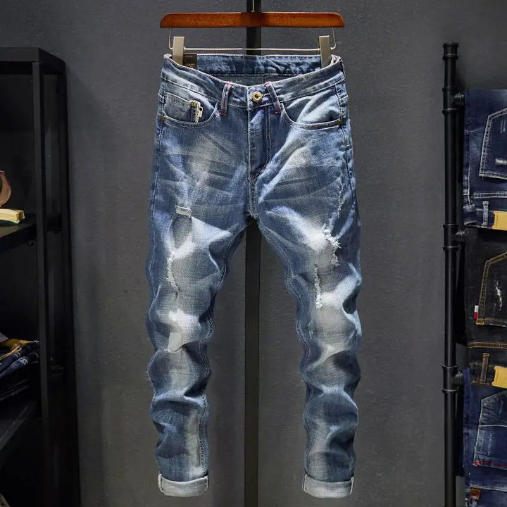 American Style Slim-Fit Ripped Cotton Straight Jeans