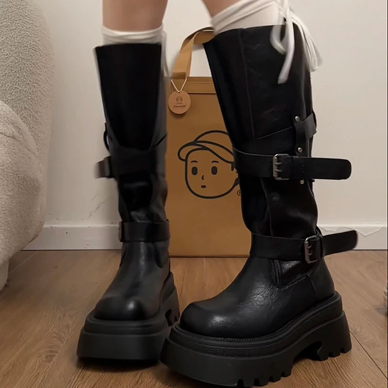 Retro Knee-High Belt Buckle Zipper Boots