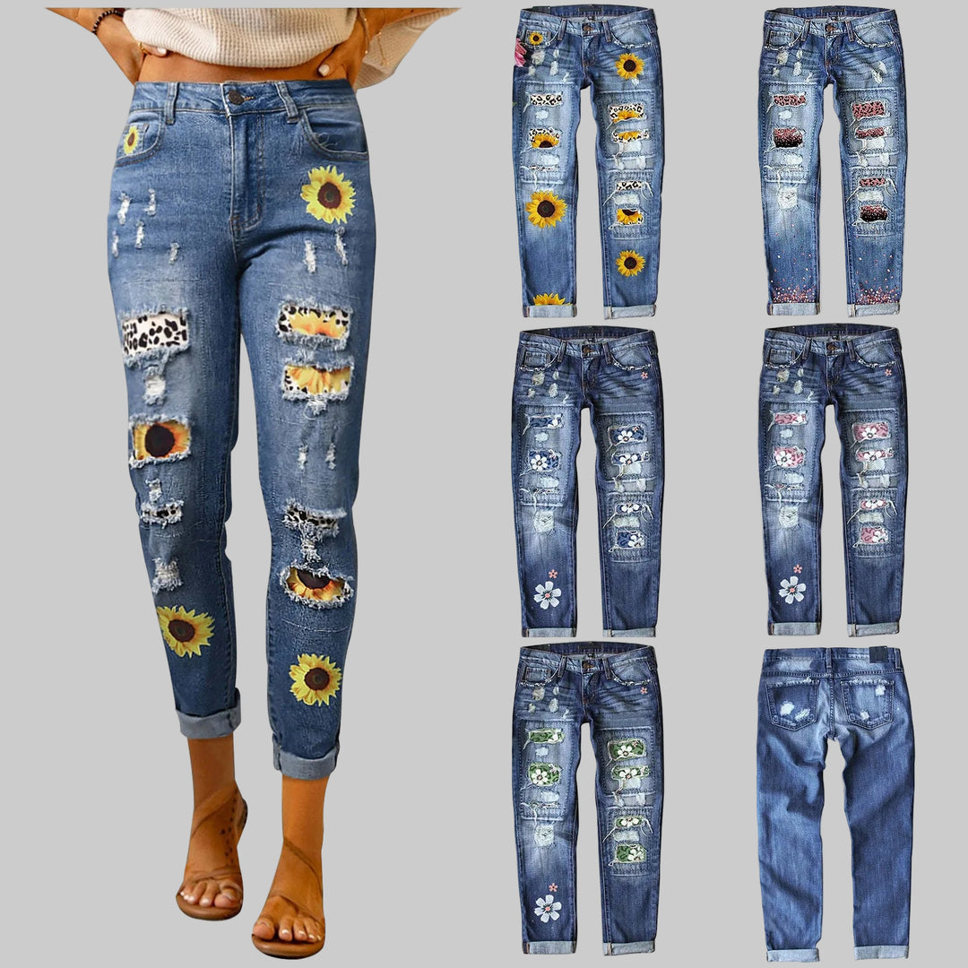 High-Waisted Blue Floral Print Stretch Jeans with Ripped Details