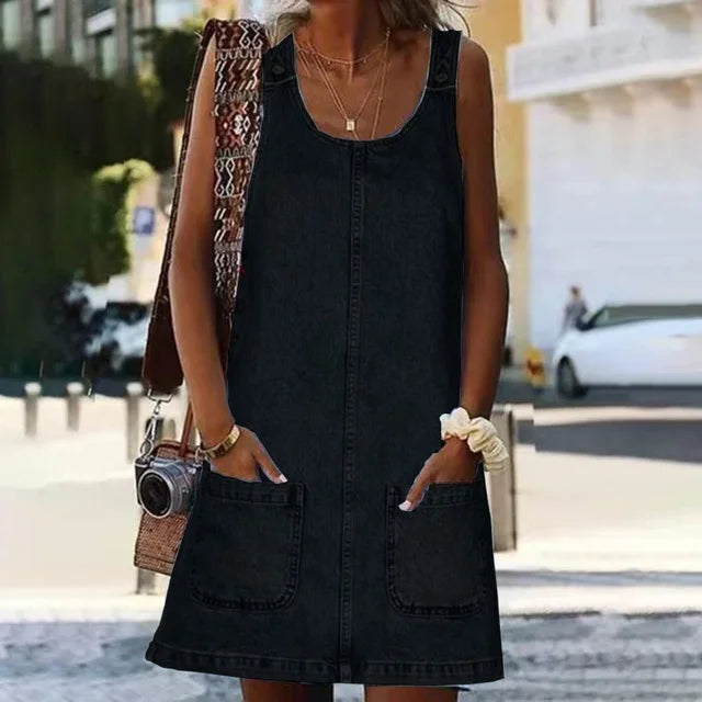 Midrise U-Neck Strappy A-Line Sleeves Denim Dress
