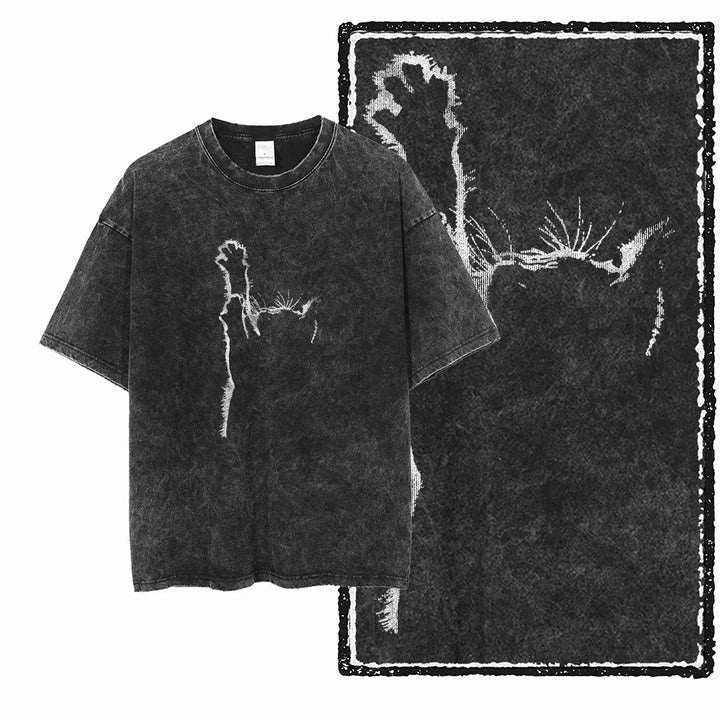 Cat Print Acid Washed Cotton Graphic T-Shirt