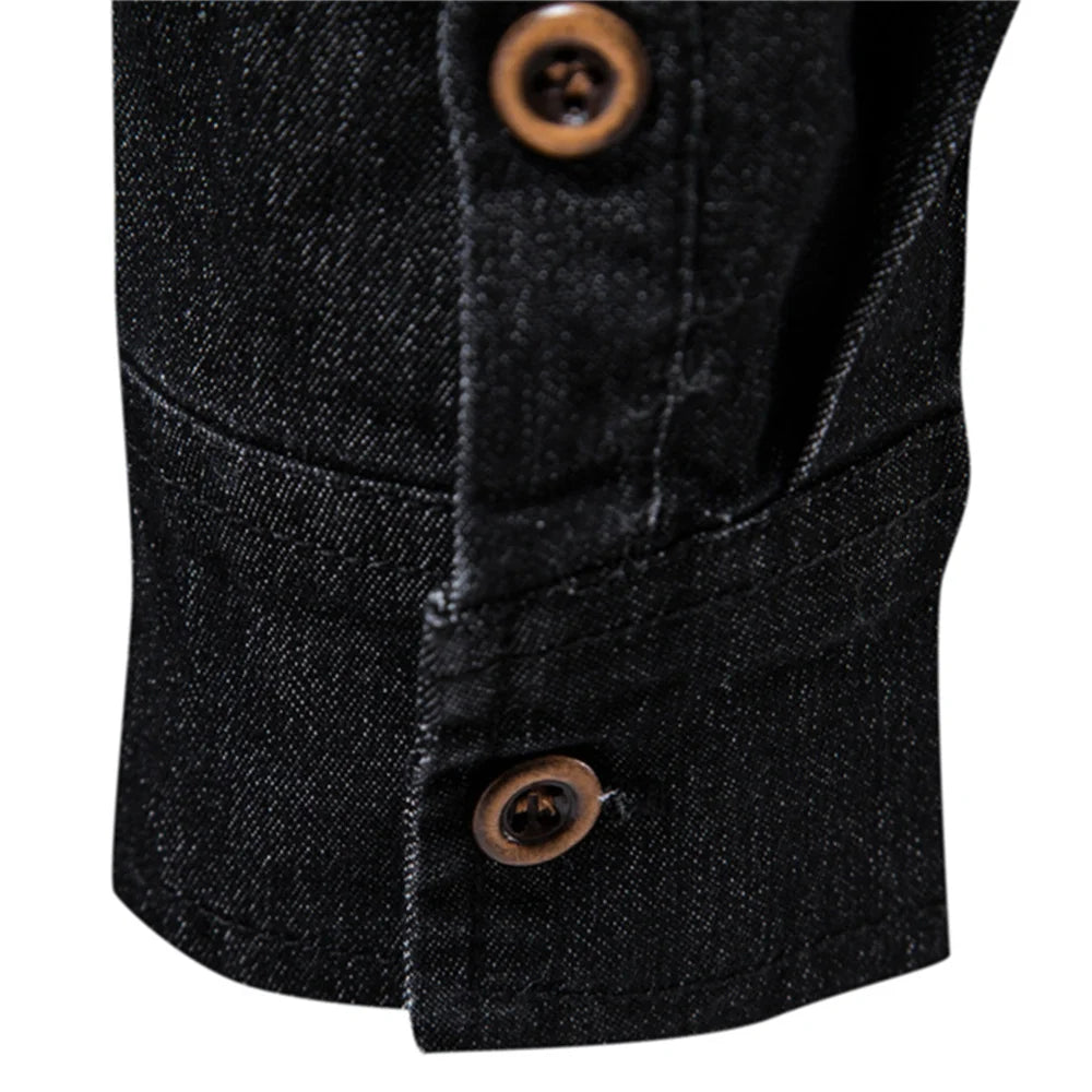 Elastic Slim Fit Long Sleeve Cotton Denim Shirt
