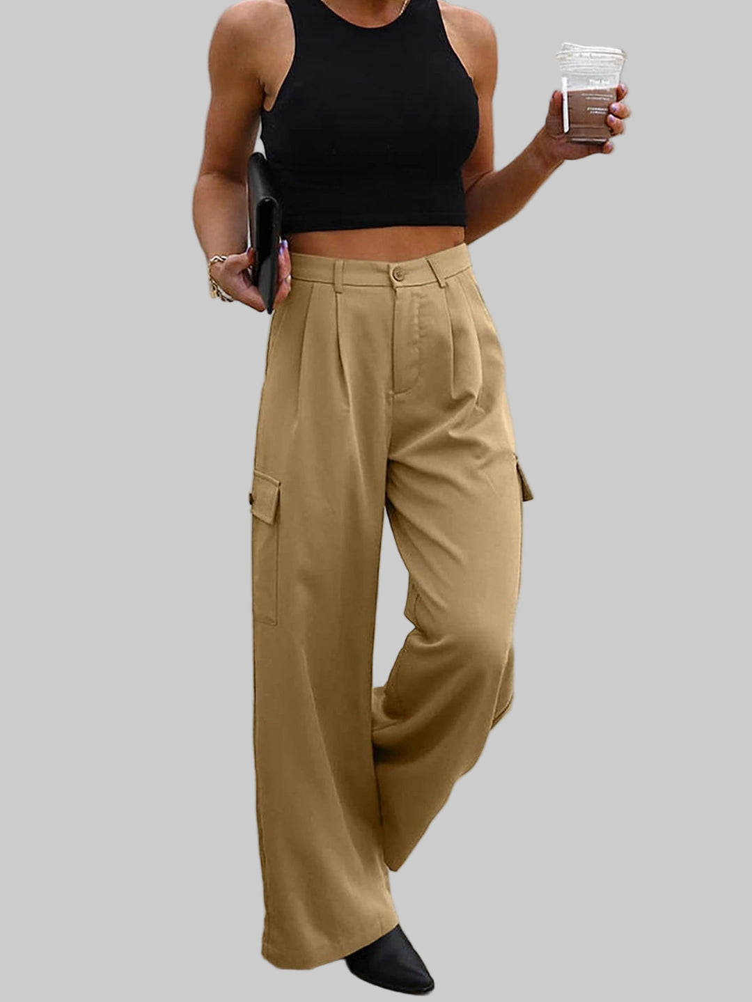 High-Waisted Wide Leg Cargo Khaki Pants