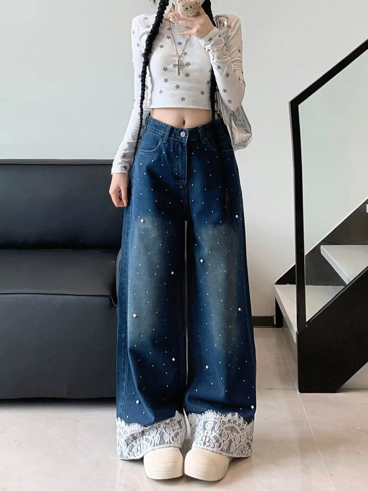 Lace-Trimmed Wide Leg Jeans