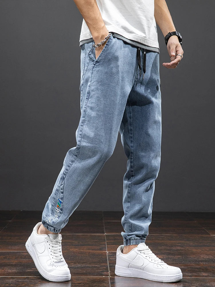 Elastic Waist Denim Cargo Jeans