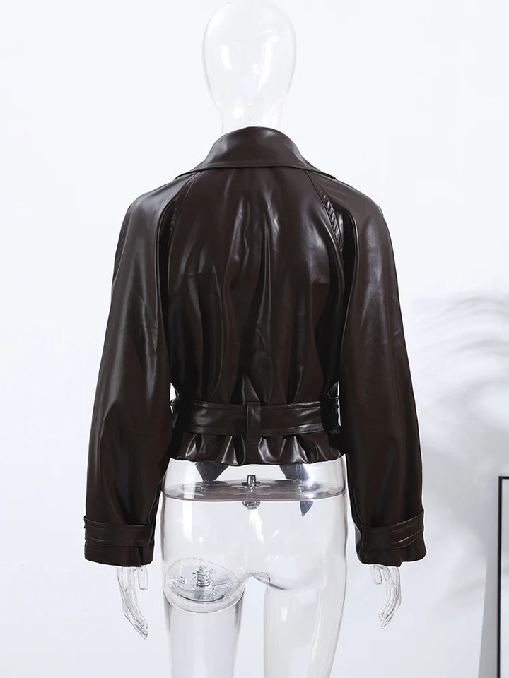Street Fashion PU Leather Belted Jacket