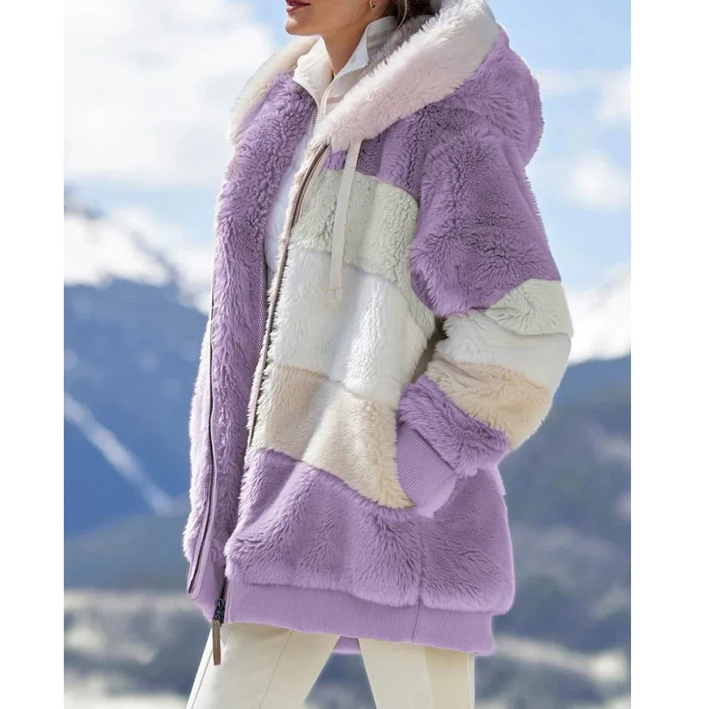 Hooded Thick Cashmere Zippered Plaid Winter Coat