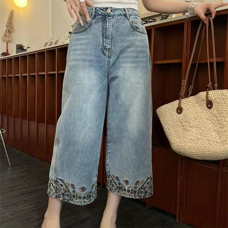Embroidery Edge Design Wide Legs Denim Jeans