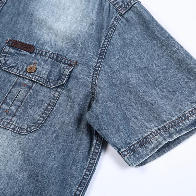 Distressed Denim Half-Sleeve Shirt