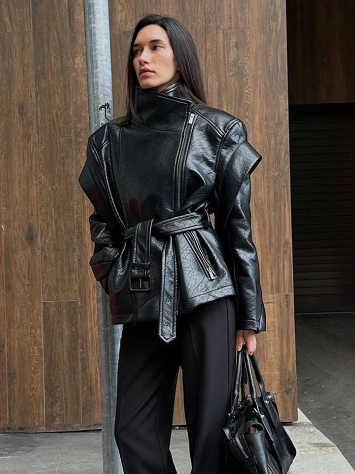 Lace Up Zipper Turn-down Collar Leather Jacket