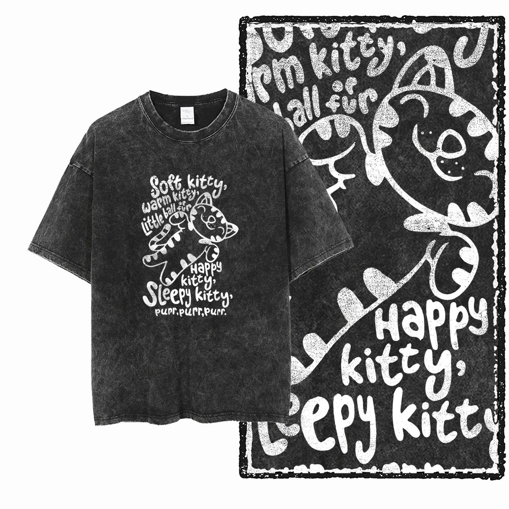 Cat Print Acid Washed Cotton Graphic T-Shirt