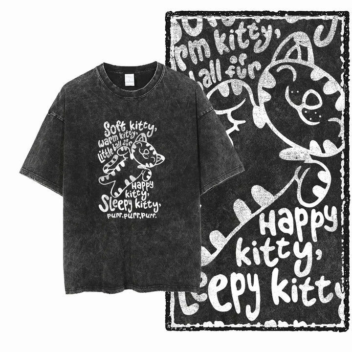 Cat Print Acid Washed Cotton Graphic T-Shirt