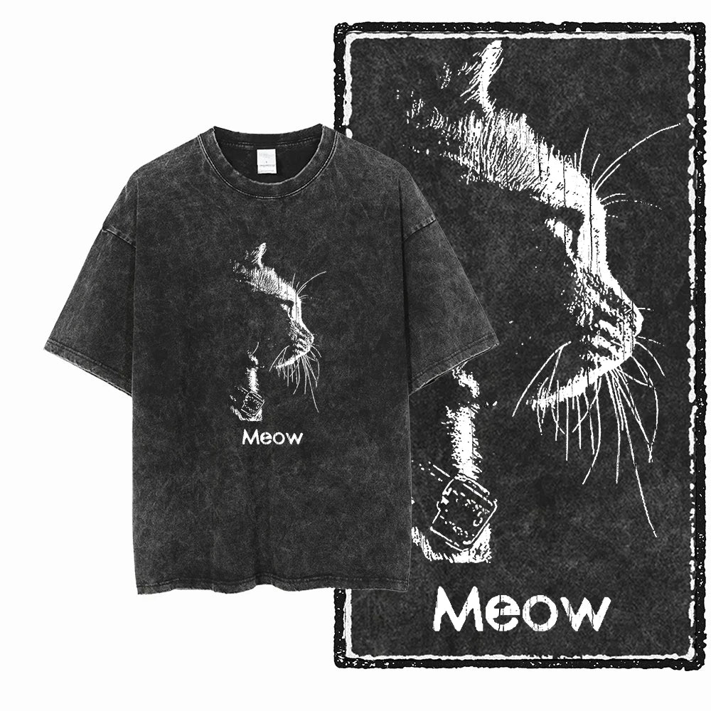 Cat Print Acid Washed Cotton Graphic T-Shirt